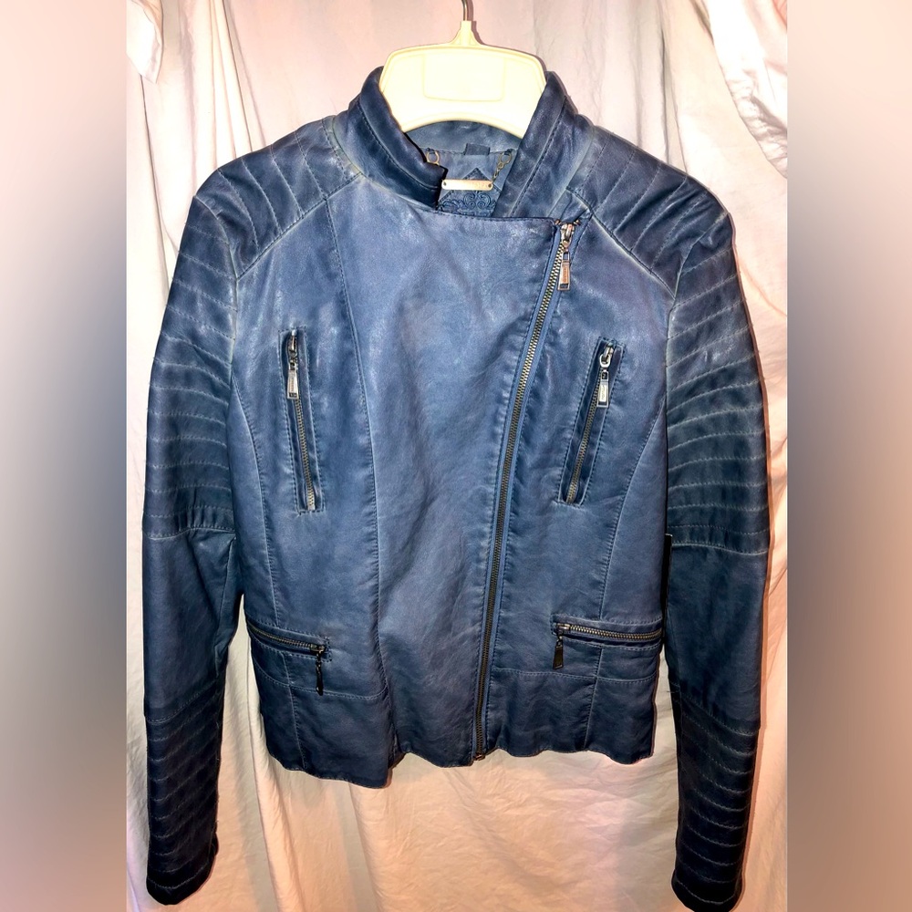 JouJou Vegan Leather Fitted Asymmetrical Motto Jacket-Slate Blue